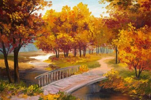 Fototapeta na flizelinie MS-5-2035 Malarstwo - Las jesienny z rzeką 375 x 250 cm